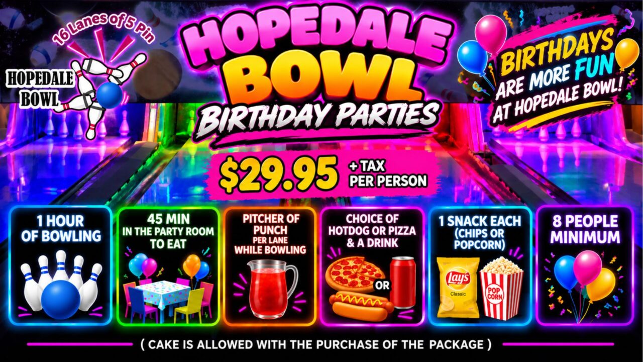 Hopedale Bowl birthday party package: $29.95 plus tax per person